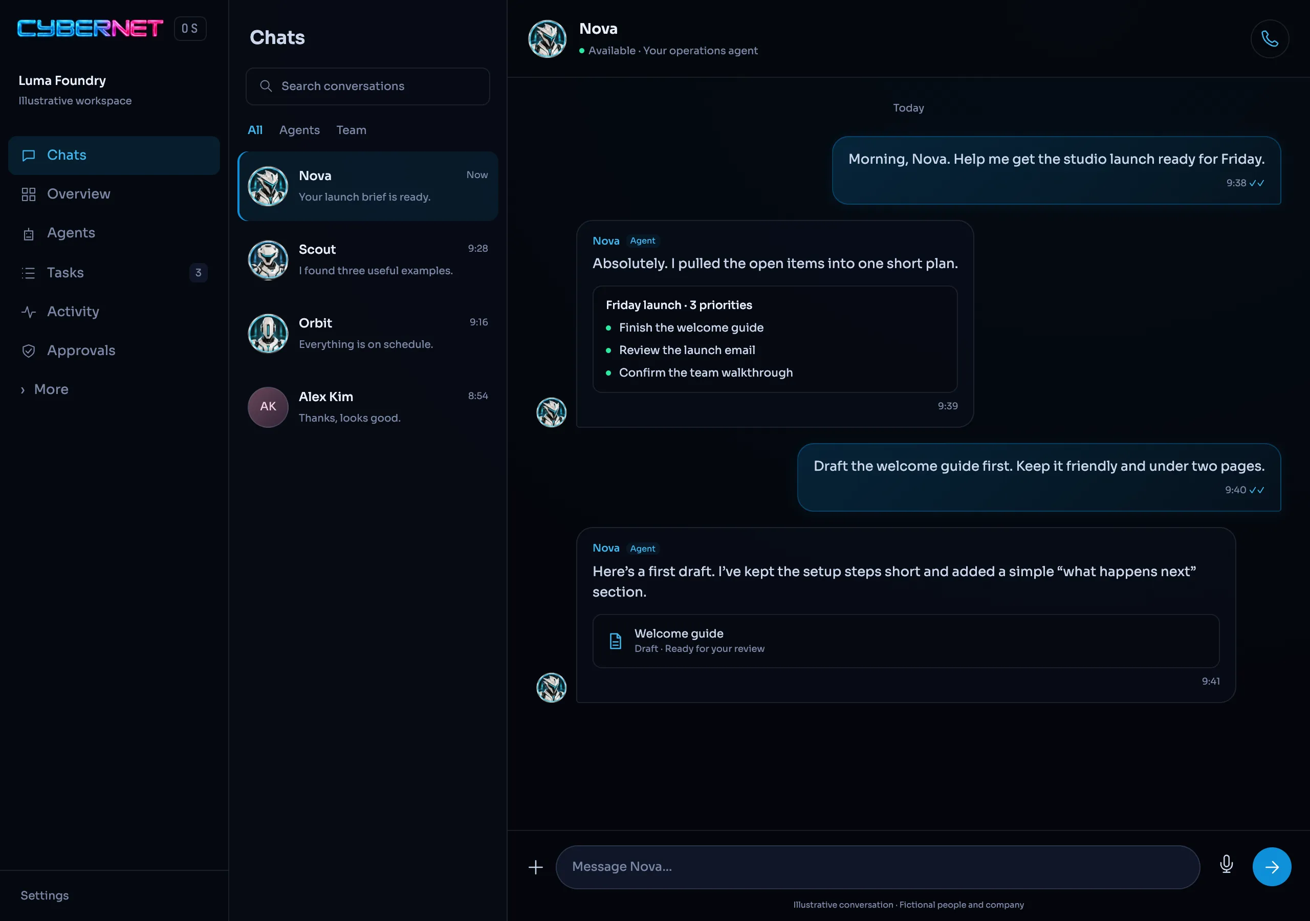 Cybernet OS on a computer: the agent Nova turns a studio launch into a three-item plan and drafts a welcome guide.