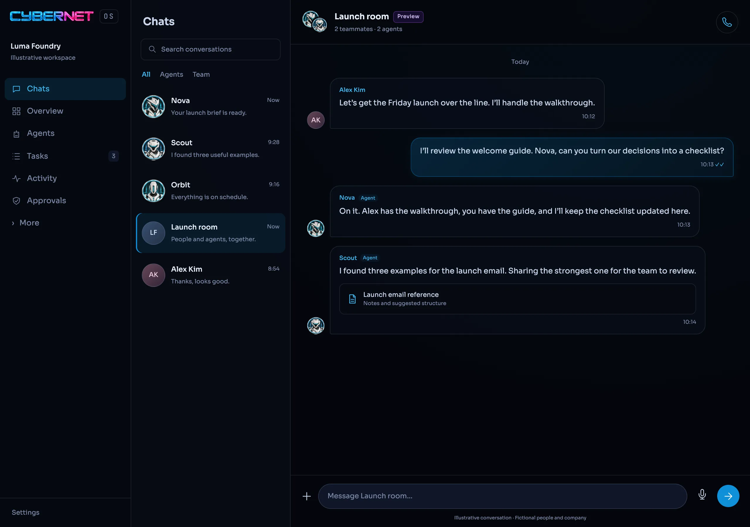 A group chat marked Preview: two teammates and two agents plan a Friday launch together.
