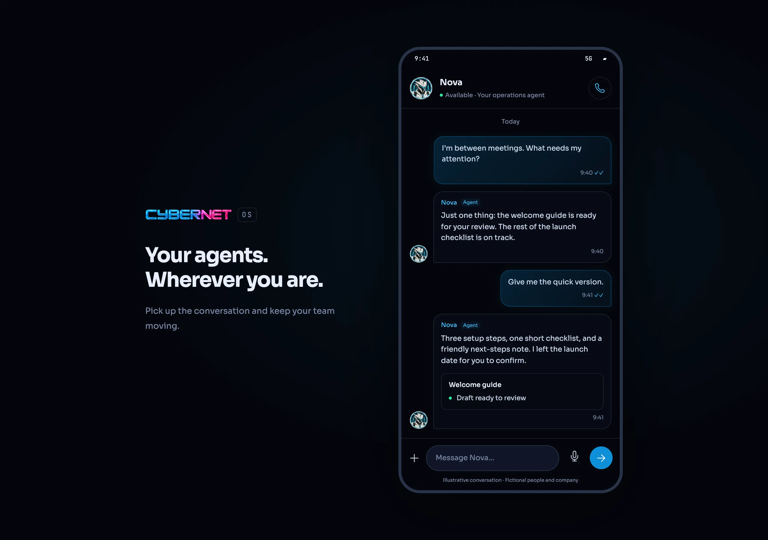 Cybernet OS on a phone: asked what needs attention, the agent Nova says the welcome guide is ready to review.