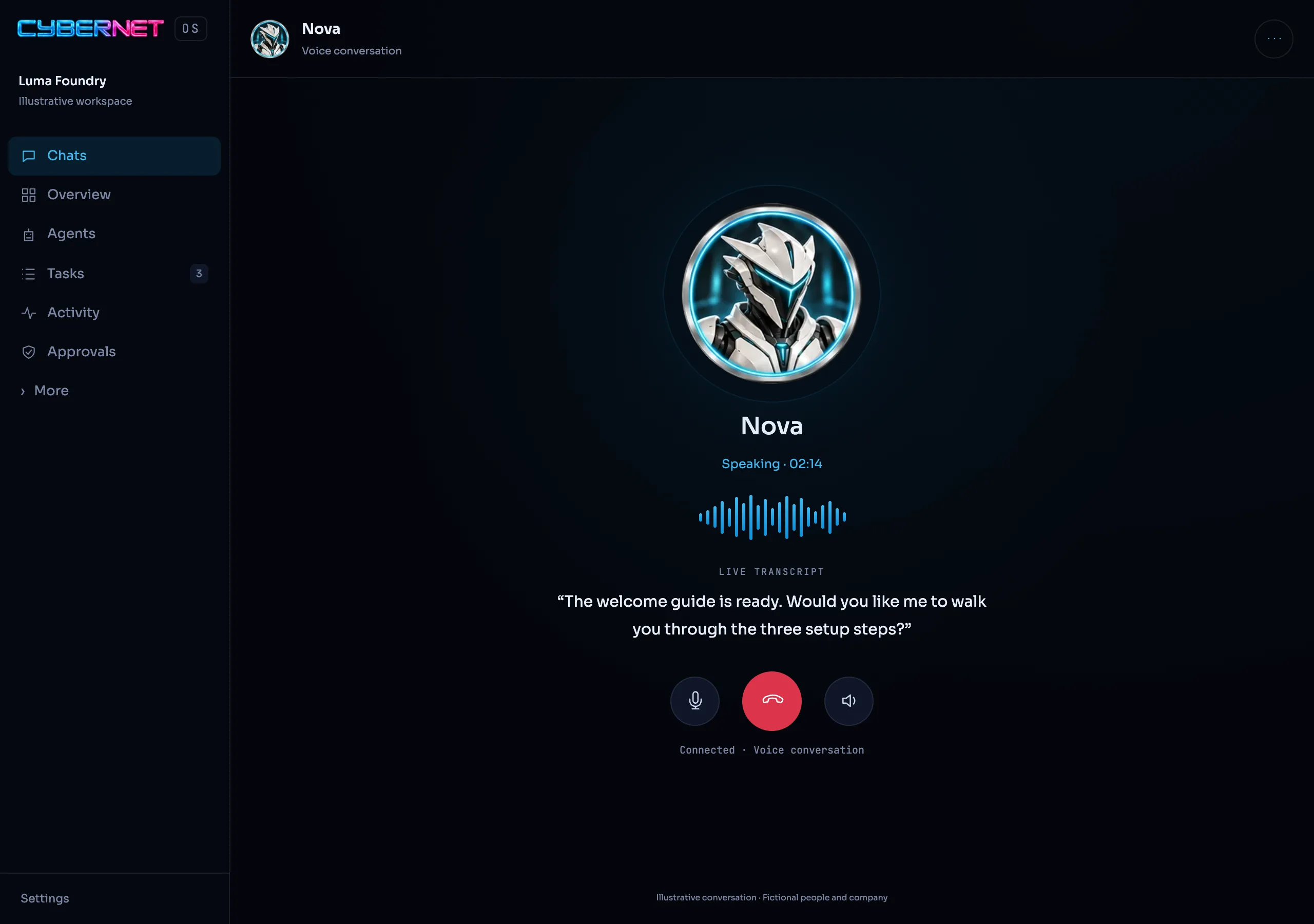A voice call with the agent Nova, with a live transcript offering to walk through three setup steps.
